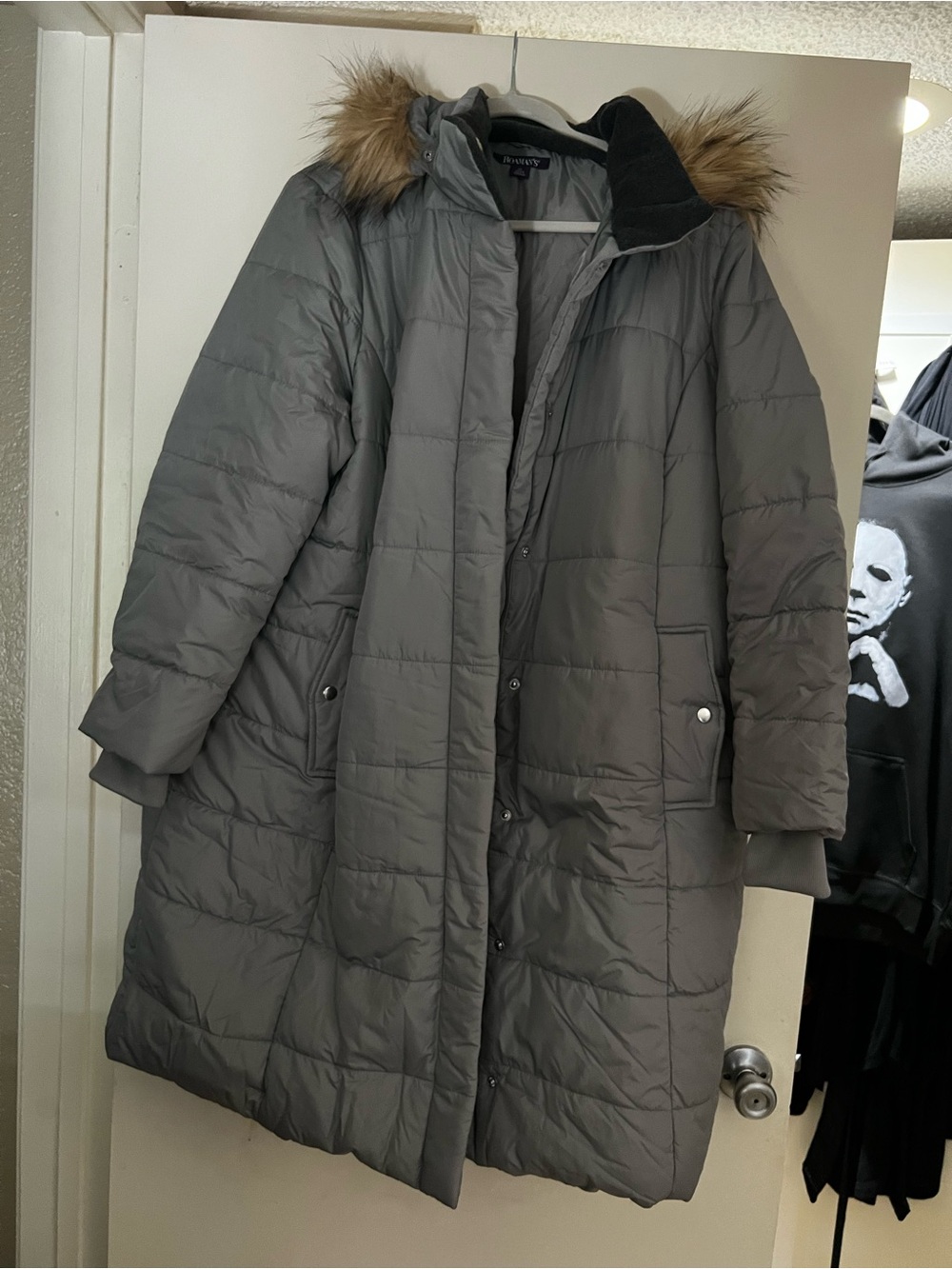 Roaman's Gray Quilted Long Puffer Coat with Faux Fur Hood Trim